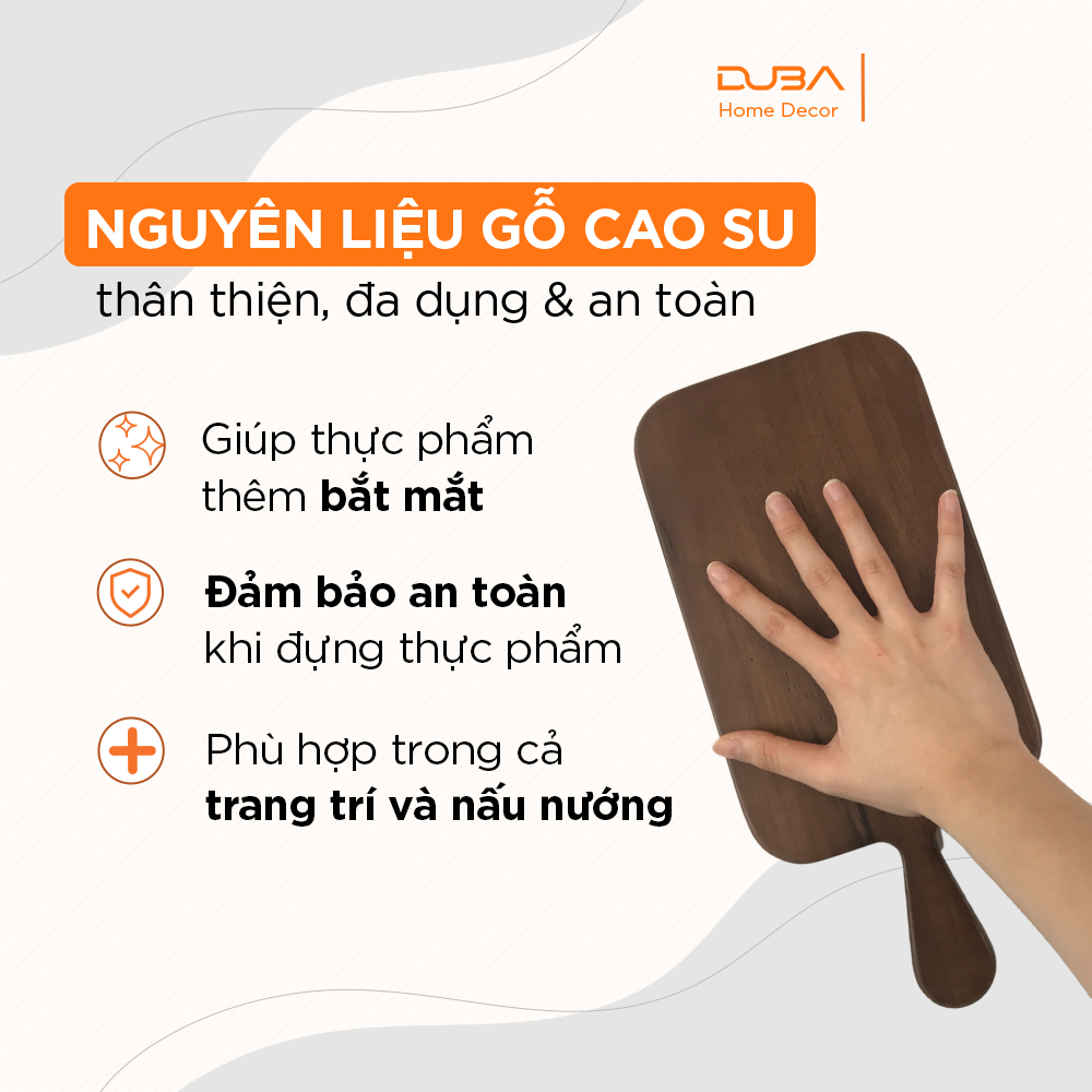 Khay gỗ cao su, thớt gỗ trang trí hình chữ nhật có tay cầm màu óc chó đạt chuẩn xuất khẩu - DUBA