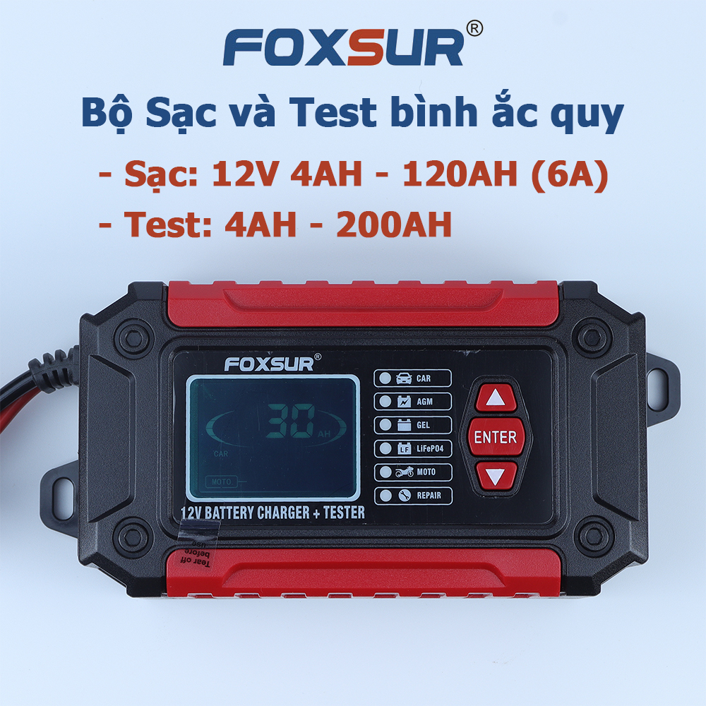 Bộ sạc và test bình ắc quy 12V 2 trong 1 FOXSUR FTC-1206 máy kiểm tra bình ắc quy