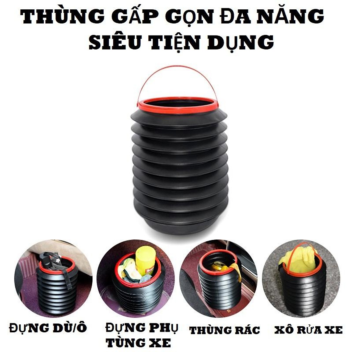 Thùng Đựng Đa Năng Tiện Dụng - Có Nắp Đạy, Có Thể Gập Gọn, Tiện Dụng An Toàn Trên Ôtô, Dung Tích 4L - Hàng Chính Hãng