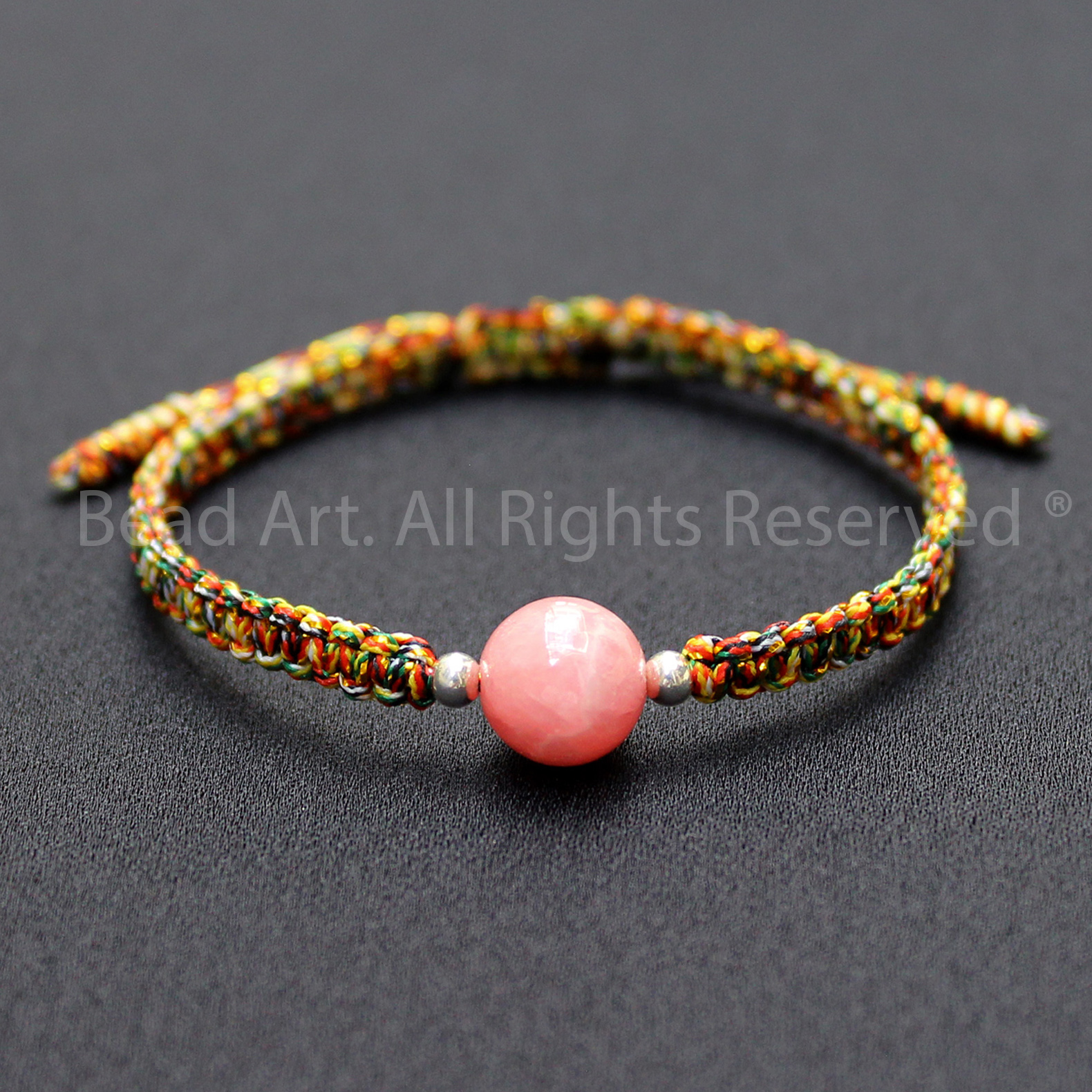 Vòng Tay Thắt Dây Ngũ Sắc Đá Đào Hoa Màu Hồng 9MM, Rhodochrosite Tự Nhiên Loại AA, Mệnh Hoả, Thổ, Vòng Tay Phong Thuỷ, Chuỗi Hạt - Bead Art