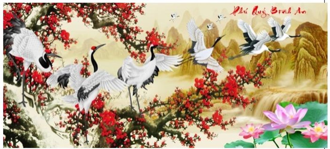 Tranh đính đá phú quí bình an hạc hoa đào VS327 - 150 x 70 cm - chưa đính
