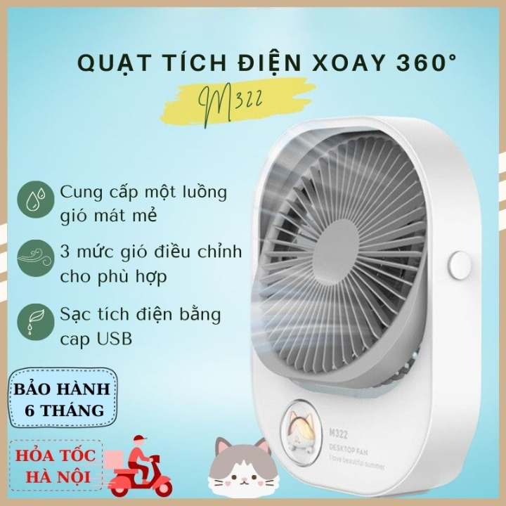 Quạt Tích Điện Mini Sạc Pin Để Bàn Làm Việc M322, Hình Thú Dễ Thương, Có 3 Tốc Độ Gió Siêu Mát, Sử Dụng 4-5 Tiếng