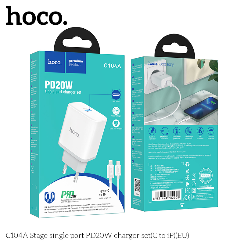 Bộ Sạc Nhanh Dành Cho Hoco C104A PD20W QC3.0 Type-C To Ip Hàng Chính Hãng