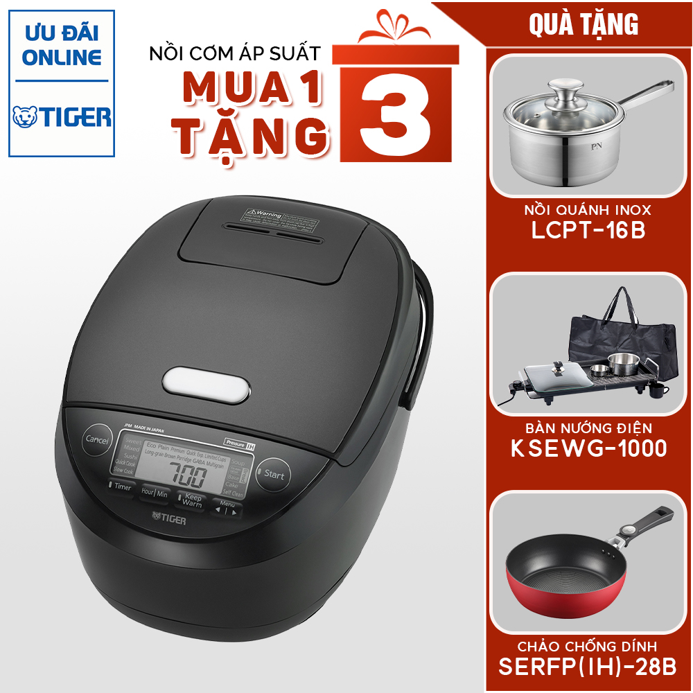 Nồi cơm điện Tiger JPM-H18V (1.8L) Tặng Nồi Inox PN LCPT-16B(IH) + Chảo PN SERFP(IH)-28B + Bàn nướng Koshstar KSEWG-1000 - Hàng Chính Hãng