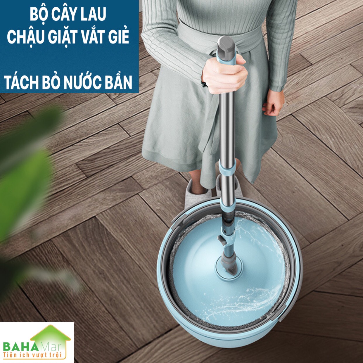 BỘ CÂY LAU SÀN   CHẬU GIẶT VẮT GIẺ CÓ TÁCH BỎ NƯỚC BẨN  BAHAMAR  thuận tiện lau và giặt giẻ