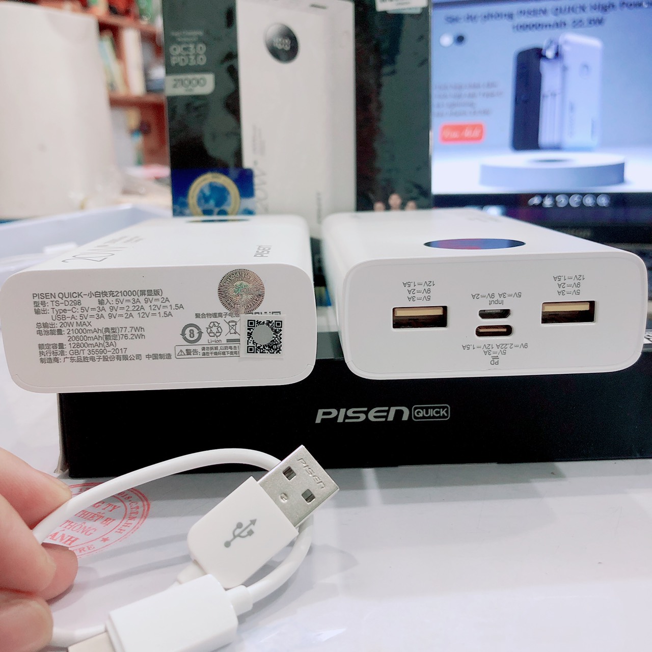 Sạc dự phòng PISEN PRO PowerU 21000mAh,  20W có đèn Led hiển thị pin, sạc cùng lúc 3 thiết bị, Hàng chính hãng