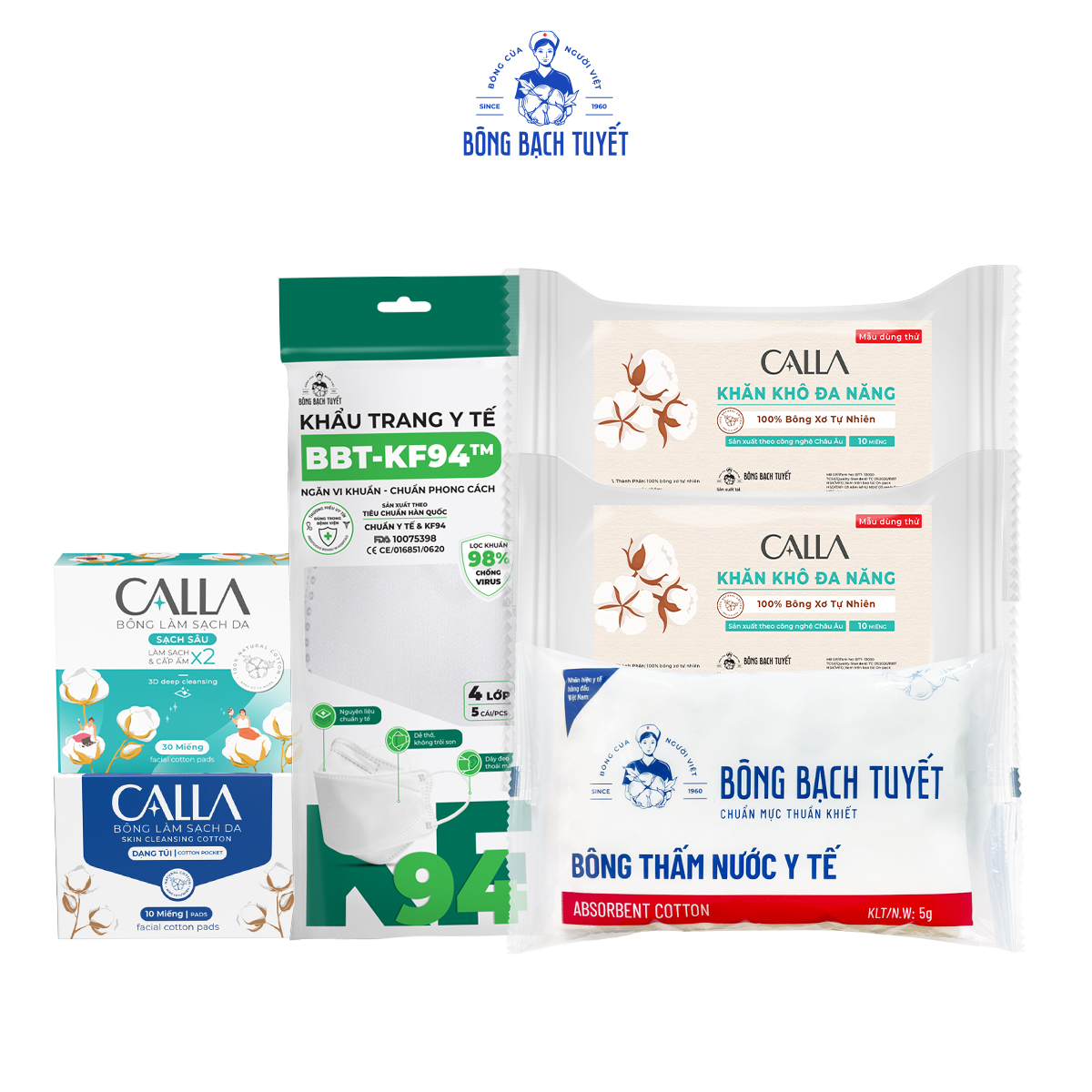 HÀNG TẶNG KHÔNG BÁN - Combo 6: 2 khăn khô + Bông y tế 5G + sạch sâu + KF94 trắng + xỏ ngón