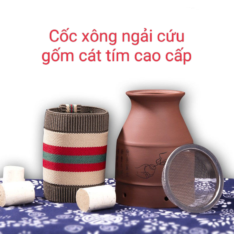 Cốc xông chườm ngải cứu gốm cát tím cao cấp giữ ấm tốt, năng lượng.