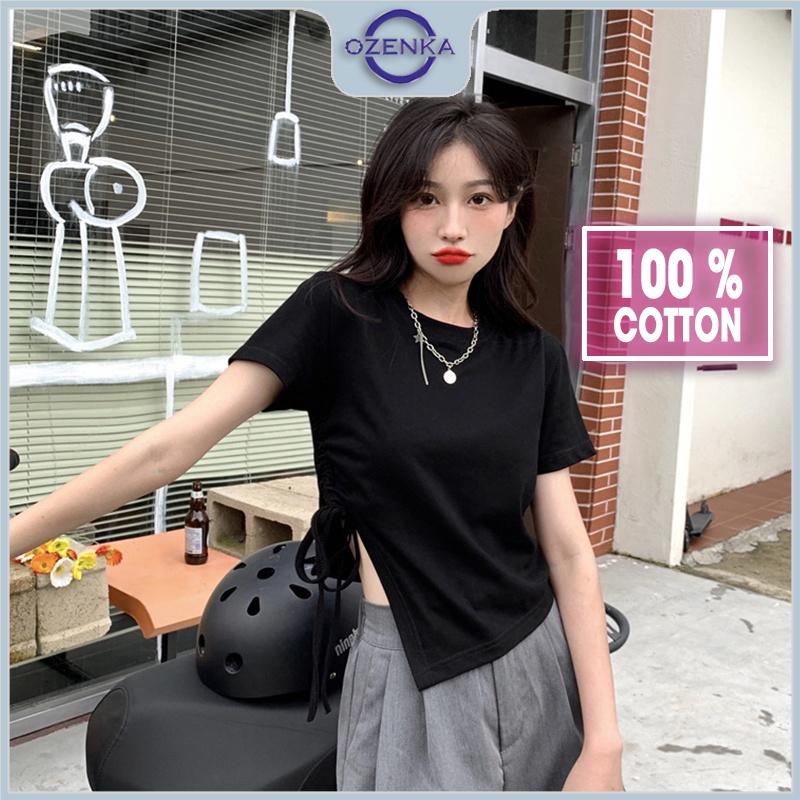 Áo croptop ulzzang kiểu vạt chéo rút dây rộng cổ tròn OZENKA , áo crt thun cotton basic màu đen trắng mặc đi học đi chơi