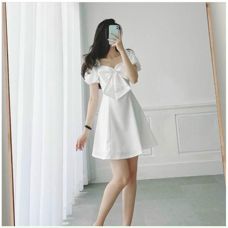 Đầm cổ vuông tay phồng nơ to xinh ngất ngây