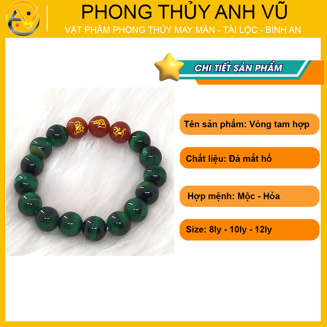 Vòng tay phong thủy cho nam tam hợp thân tý thìn đã khai quang - chất liệu đá mắt hổ xanh lục - size 8 10 12ly - may mắn tài lộc - Vòng Tam Hợp Anh Vũ