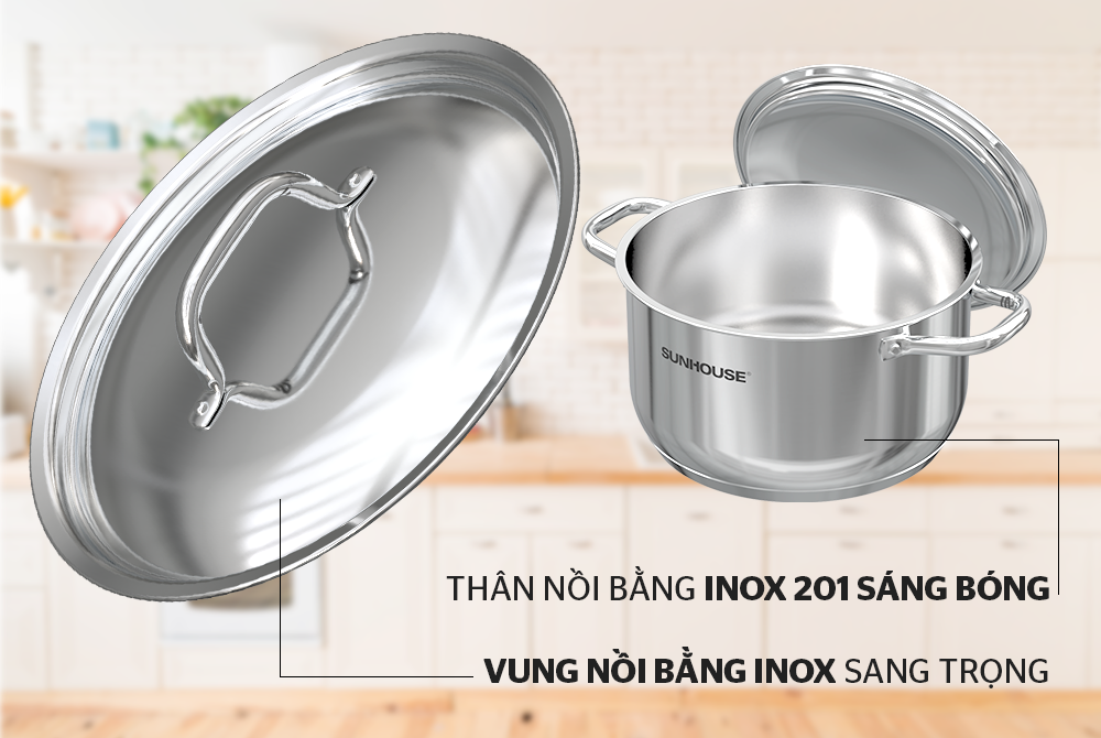 Bộ nồi chảo inox 5 món 5 đáy SUNHOUSE SHG995-2022 bếp từ chất liệu inox cao cấp an toàn sức khỏe