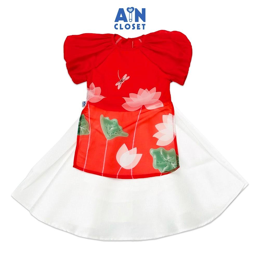 Bộ áo dài váy bé gái họa tiết Hoa sen trắng lụa đỏ – AICDBG0ACRZ7 – AIN Closet – Size 5 20-24kg
