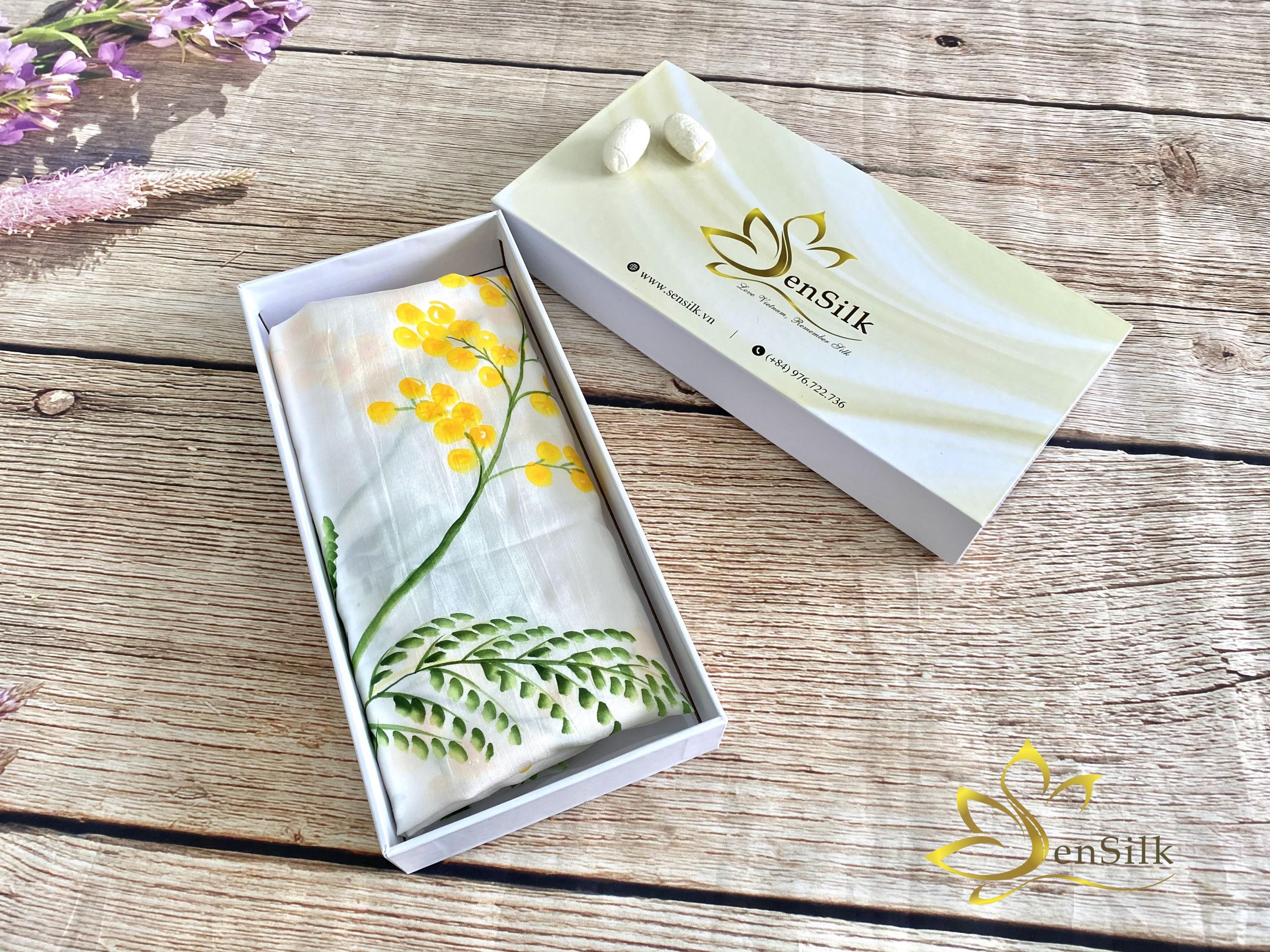 Khăn Lụa Handmade Vẽ Hoa Mimosa SenSilk – Quà Kỷ Niệm Tình Yêu, Khăn Vuông Thời Trang 75*75