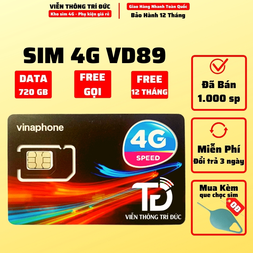 Hàng Chính Hãng - Sim 4G Vinaphone VD149 Data 120Gb/tháng - VD89 Data 60Gb/tháng, Sim Nghe Gọi Và Lên Mạng 12 Tháng Không Cần Nạp Tiền, Giá rẻ