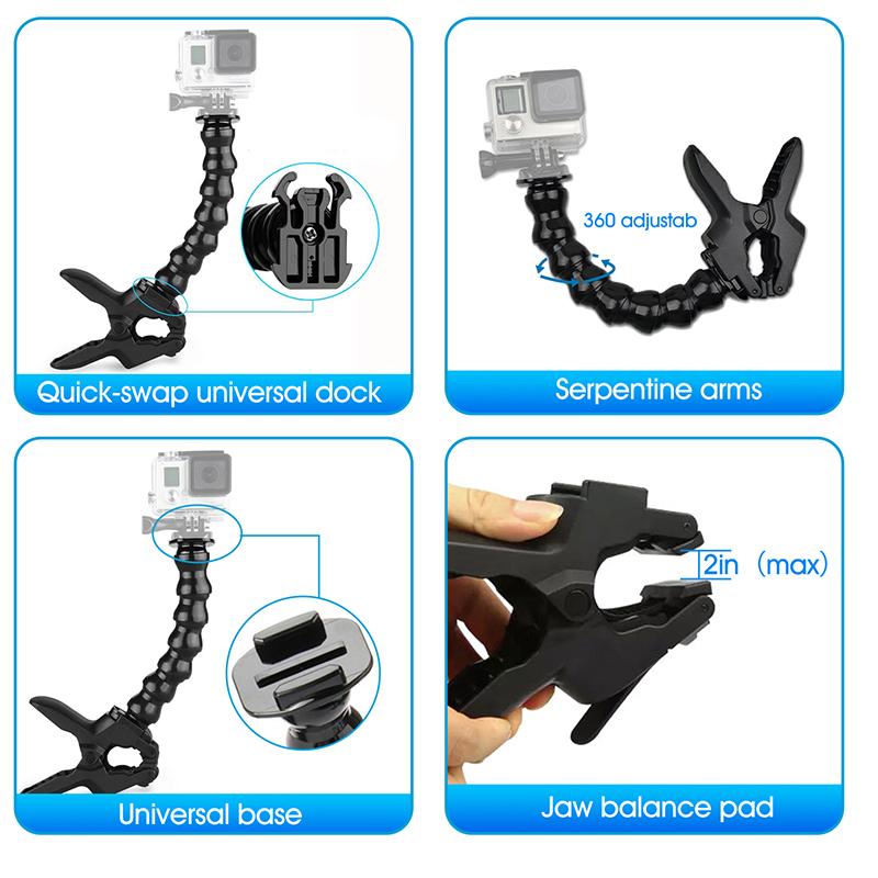 Hongdak Flex Jaws Kẹp gắn kết với giá đỡ cổ ngỗng có thể điều chỉnh cho GoPro 11 10 9 SJCAM Insta360 Phụ kiện camera hành động