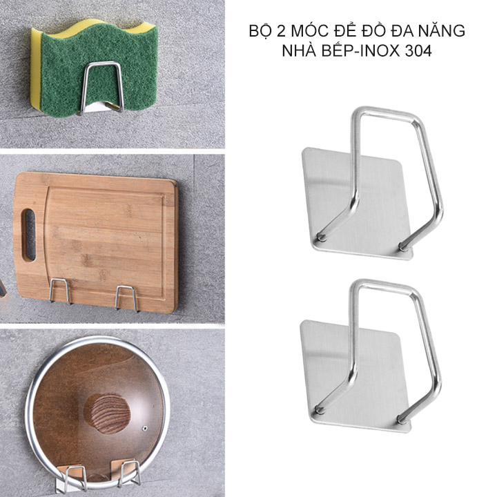 Bộ 2 móc để đồ đa năng bằng inox 304. Để vung, thớt, miếng rửa bát, bông tắm