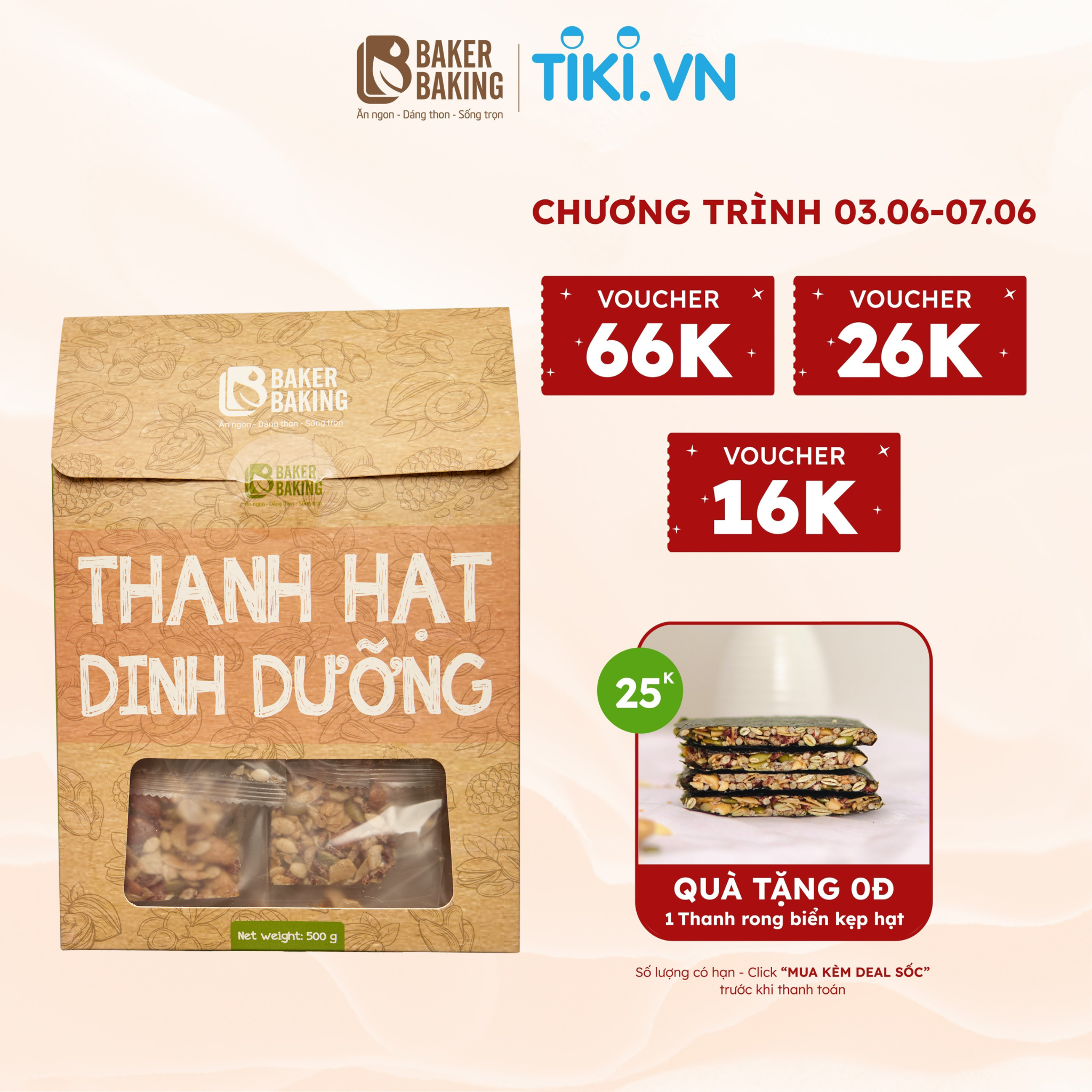 Bánh thanh hạt dinh dưỡng Baker Baking không đường, không chất bảo quản hỗ trợ người giảm cân, tiểu đường 100-500g