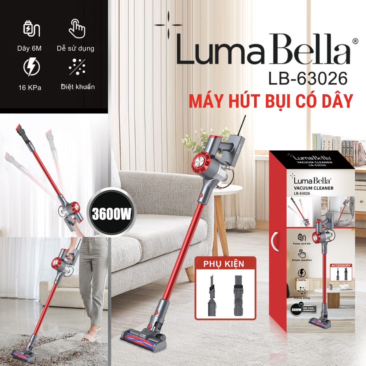 Máy hút bụi cầm tay có dây LumaBella LB-63026, công suất cực cao 3600W lực hút mạnh hút bụi gia đình, sofa, ô tô - HÀNG CHÍNH HÃNG