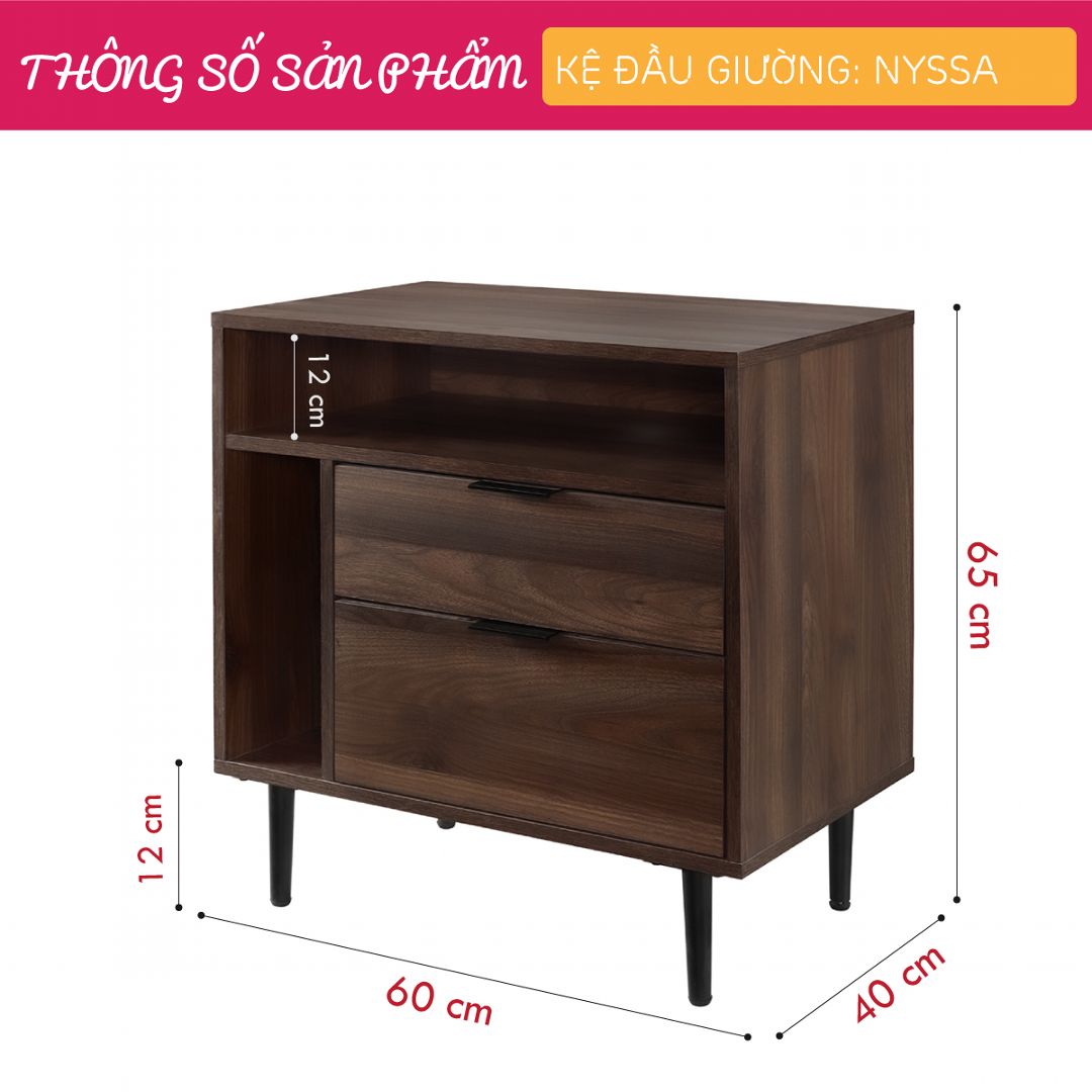 Kệ gỗ đầu giường hiện đại SMLIFE Nyssa | Gỗ MDF dày 17mm chống ẩm | D60xR40xC65cm