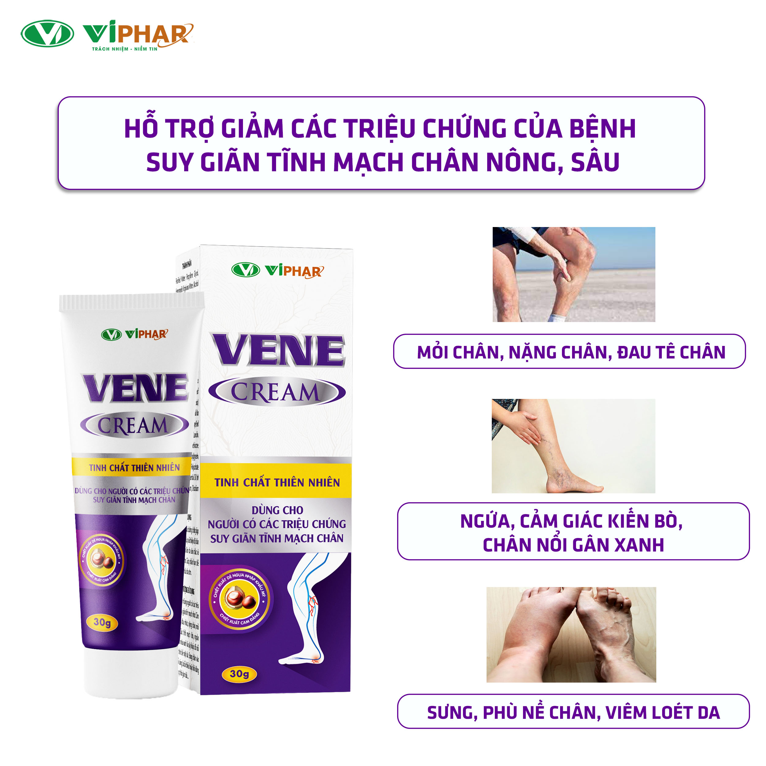 Combo Sản Phẩm Viên Uống Và Kem Bôi Hỗ Trợ Suy Giãn Tĩnh Mạch Chân Nông, Sâu VENE VIPHAR, Giảm Đau Nhức, Mờ Gân Xanh Đỏ