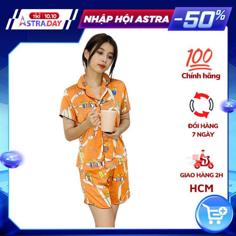 Đồ bộ Pyjama lụa, đồ mặc nhà nữ VILADY  - B134 kiểu quần đùi tay cộc, họa tiết siêu dễ thương, chất liệu lụa Pháp ( lụa latin) - Màu cam