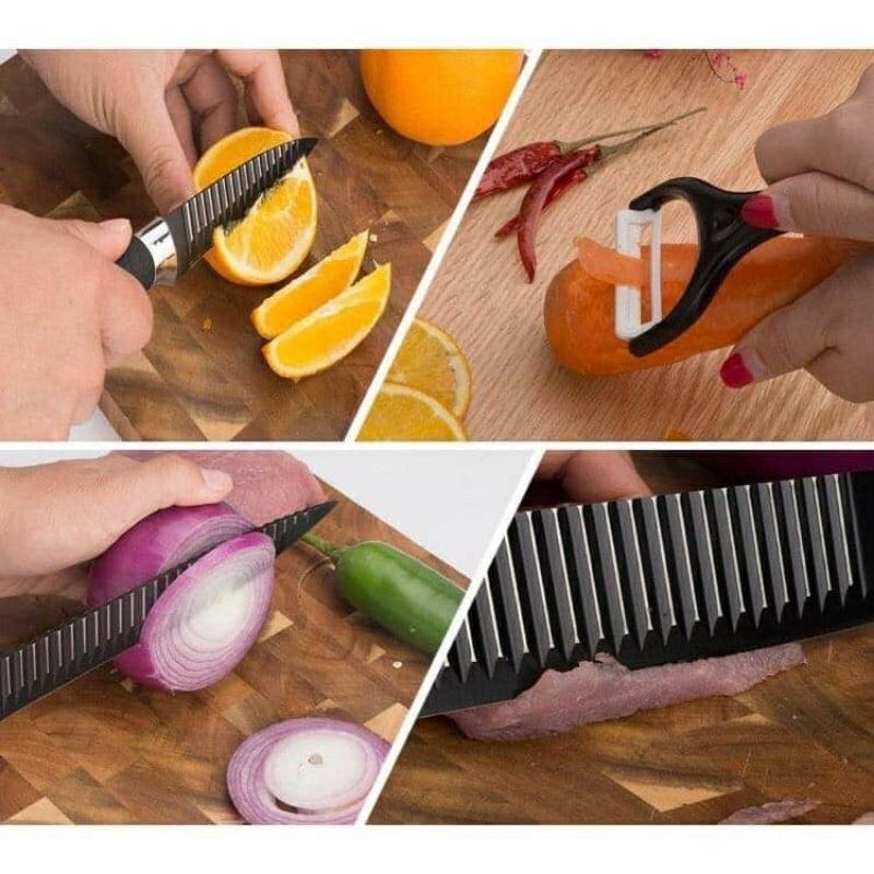 Bộ dao Nhật lượn sóng ASAKH làm bếp 6 món chất liệu hộp kim cao cấp chống gỉ - Set dao Nhật Asakh 6 món