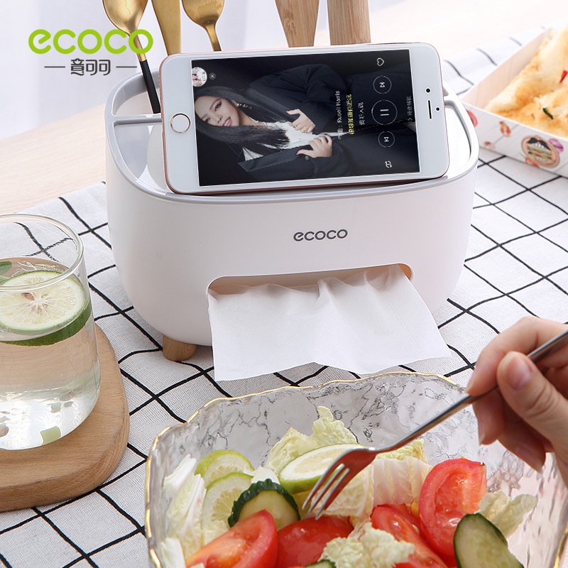 Hộp giấy ăn để bàn Ecoco kèm giá đỡ điện thoại kiêm hộp đựng điều khiển, đồ dùng cá nhân tiện dụng thông minh, chất liệu nhựa ABS cao cấp, chân gỗ chống trơn trượt