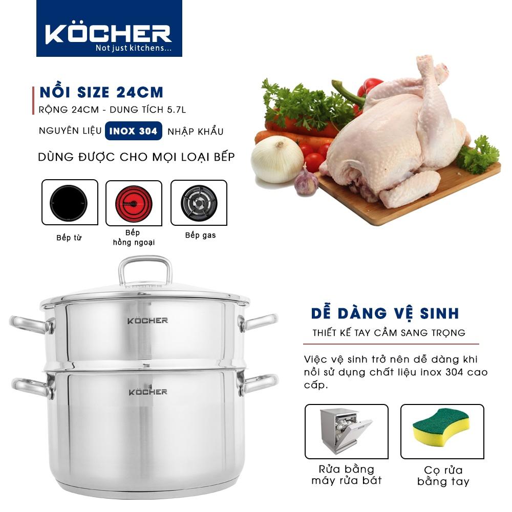 Xửng hấp, nồi hấp 2 tầng đa năng inox 304 5 đáy cao cấp KOCHER dày dặn size 24cm tiện dụng - Hàng chính hãng