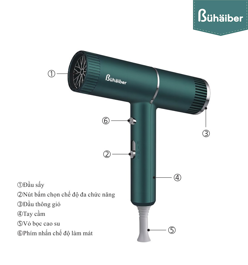 Máy Sấy Tóc Cao Cấp BÜHÄIBER BNP-997, Máy Tạo Kiểu Tóc Salon, chế độ sấy tạo ion âm, tạo ta tia UV diệt khuẩn - Hàng Chính Hãng