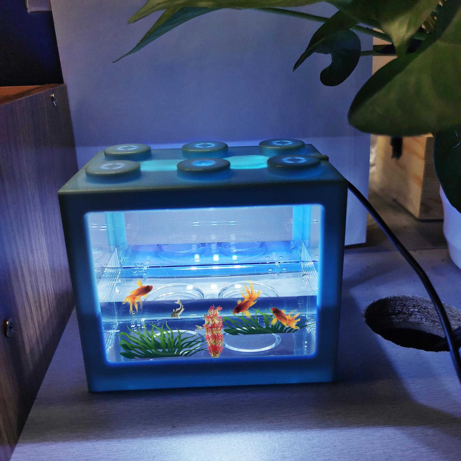 2X Mini Fish Tank LED Light Clear Ornament Aquarium Office Desktop Decor Blue