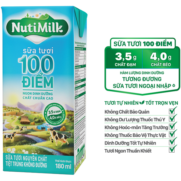 Thùng 48 hộp NutiMilk Sữa tươi 100 điểm - Sữa tươi nguyên chất tiệt trùng Không đường hộp 180ml