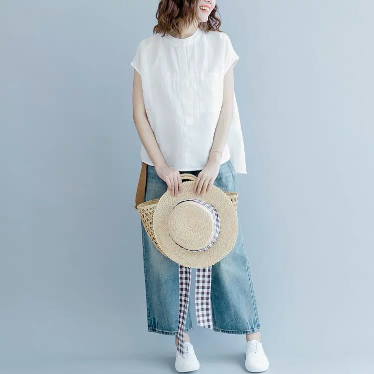 Áo kiểu nữ cổ tầu chất thô đũi form rộng, thời trang trẻ, phong cách Nhật Bản