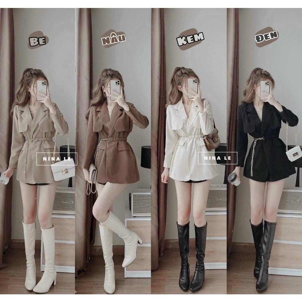 FREE SHIP Sét Bộ Đồ Nữ Áo Cổ Vest Dài Tay Có Dây Nịt Bụng Kèm Quần Short Thiết Kế Sang Chảnh KIM GIA DS