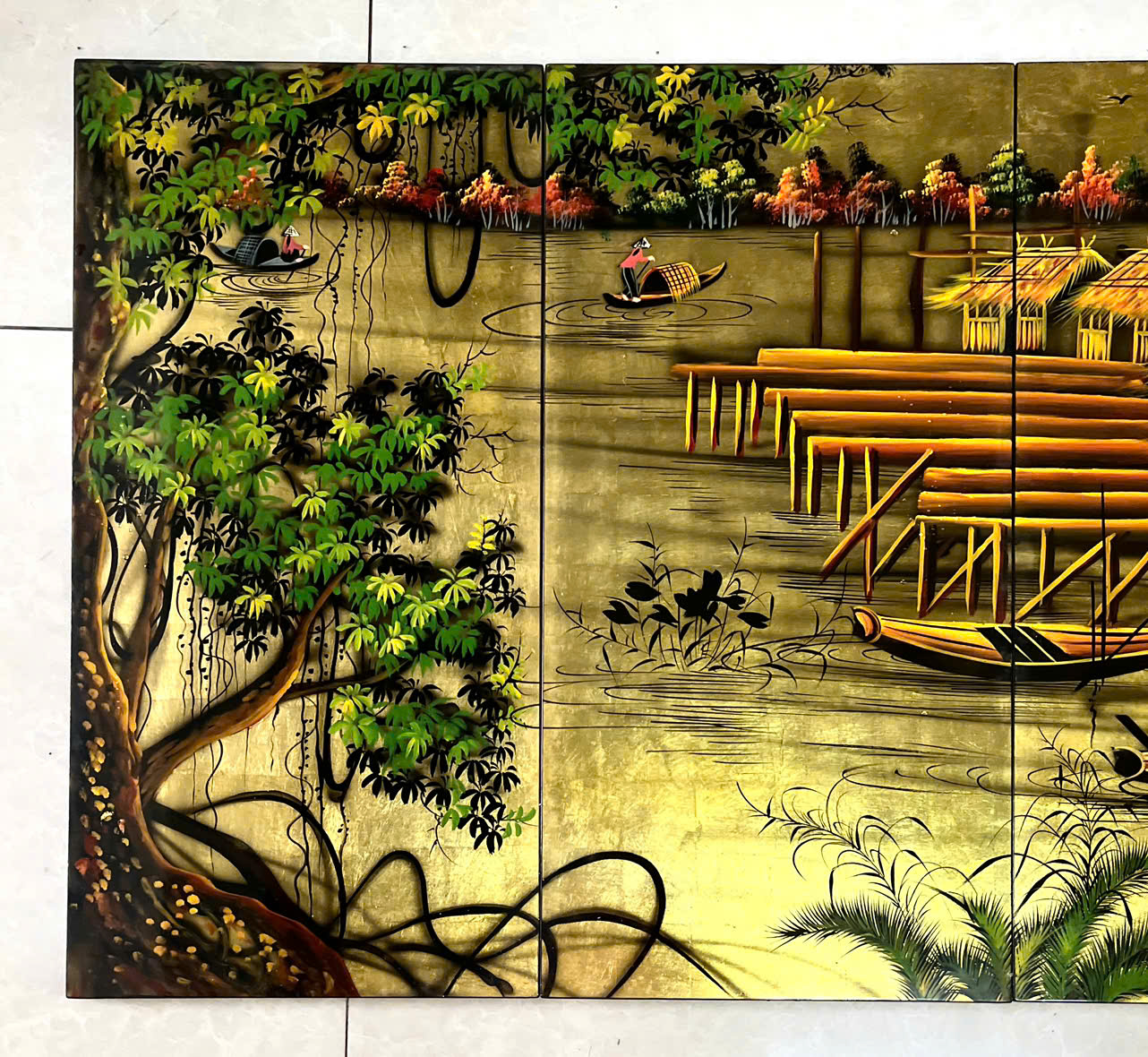 Bộ Tranh sơn mài - ĐỒNG QUÊ VIỆT NAM - Size 60x120 cm - Nền dát vàng cao cấp