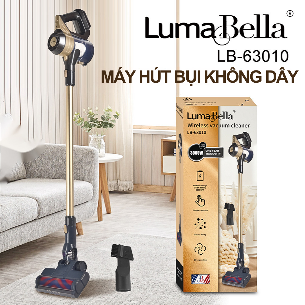 Máy hút bụi cầm tay công suất cao 3000W, SẠC PIN KHÔNG DÂY 2200mAh lực hút mạnh mẽ hút mọi bụi bẩn Lumabella LB-63010 - HÀNG CHÍNH HÃNG