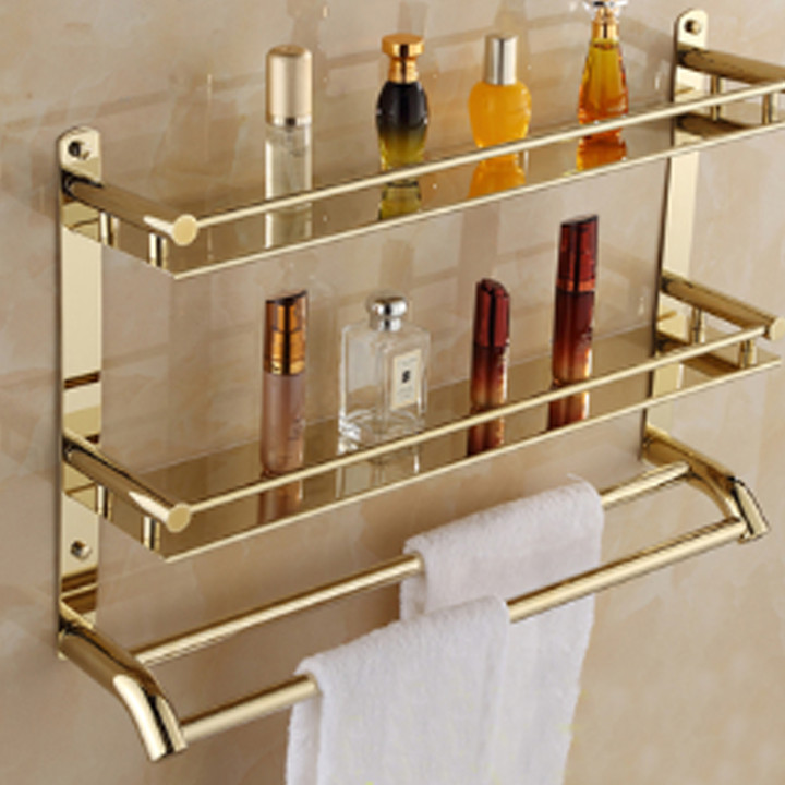 Kệ Giá Treo Khăn Nhà Tắm 3 tầng kèm khay inox mạ vàng PNK002