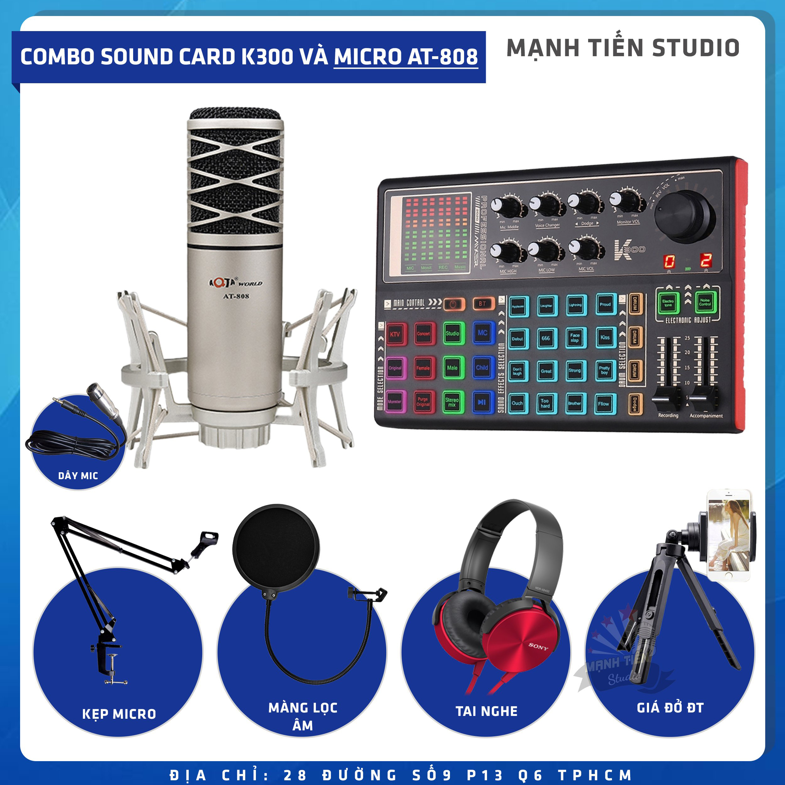 Combo thu âm, livestream Micro AQTA AT-808, Sound card K300 - Kèm full phụ kiện kẹp micro, màng lọc, tai nghe, giá đỡ ĐT - Hỗ trợ thu âm, karaoke online chuyên nghiệp - Hàng nhập khẩu