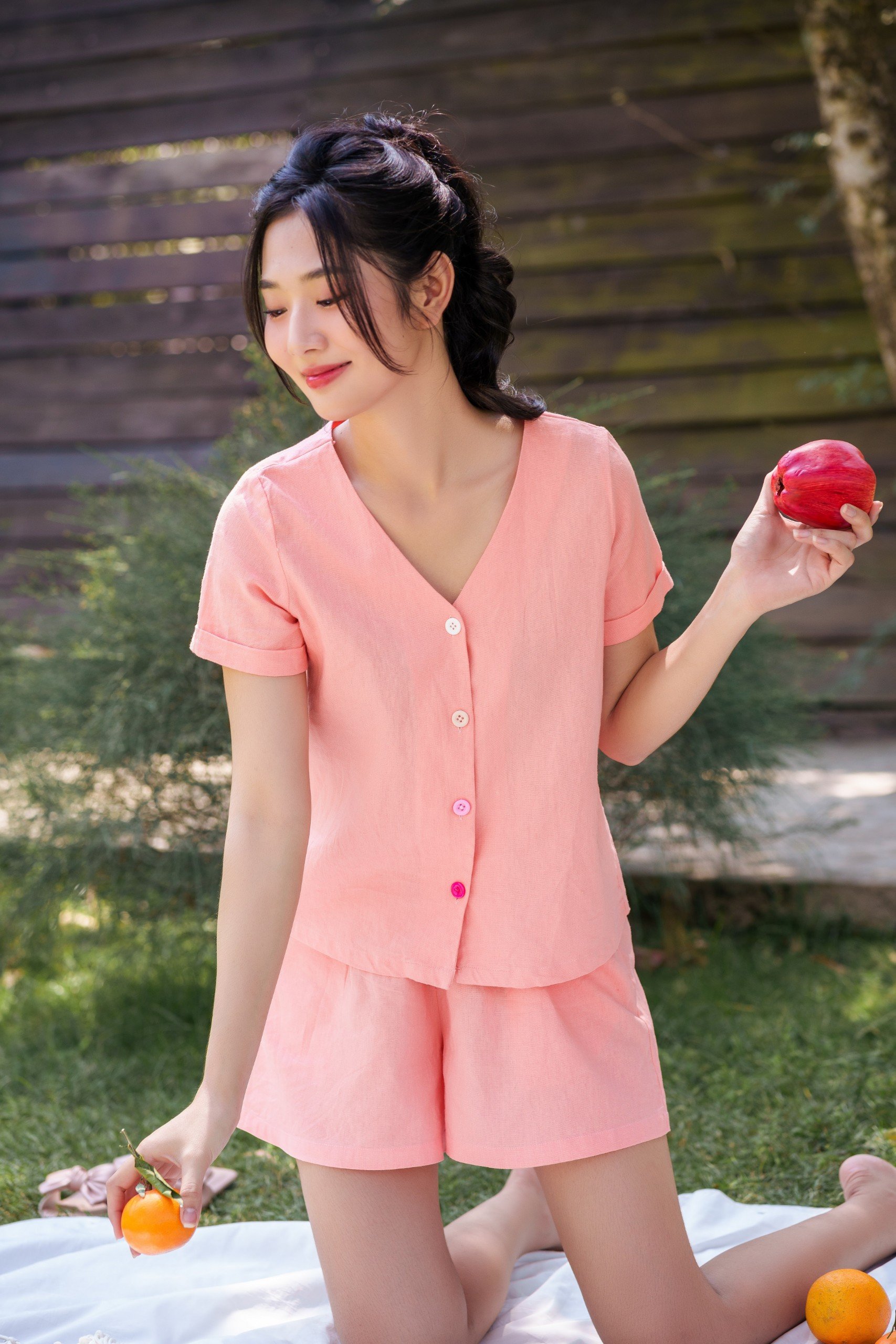 Đồ bộ đùi có tay nút nhiều màu hồng cam