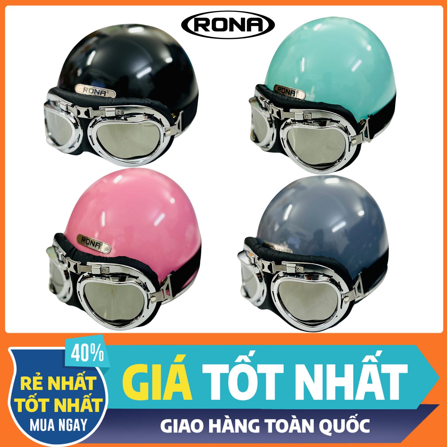 Mũ bảo hiểm xe máy nửa đầu freesize Rona hali viền bạc kèm kính phi công bạc