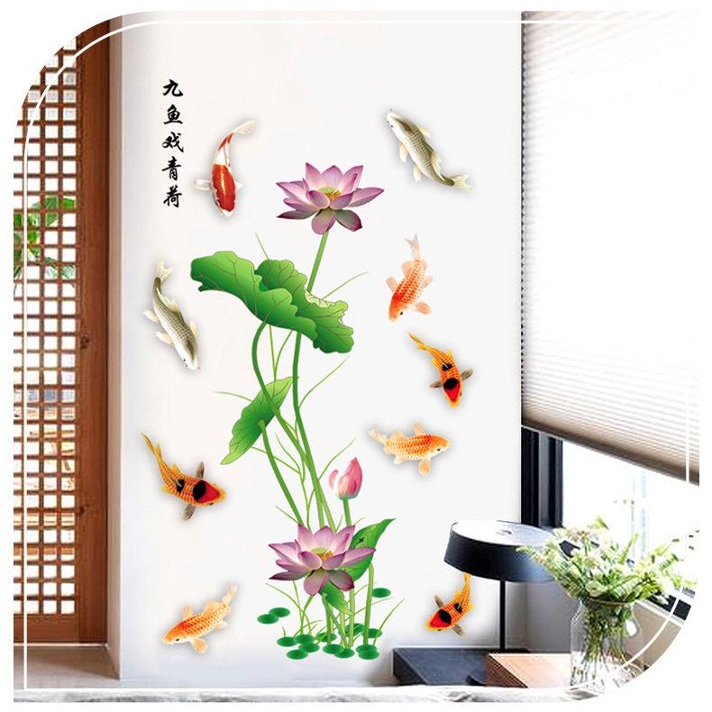 Decal trang trí dán tường - SEN HỒNG CHỮ HOA CÙNG ĐÀN CÁ PHÚ QUÝ
