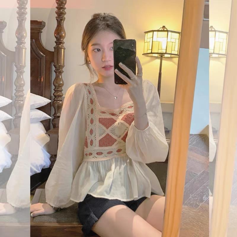 MS1115 Áo babydoll nữ đan móc phối tay voan