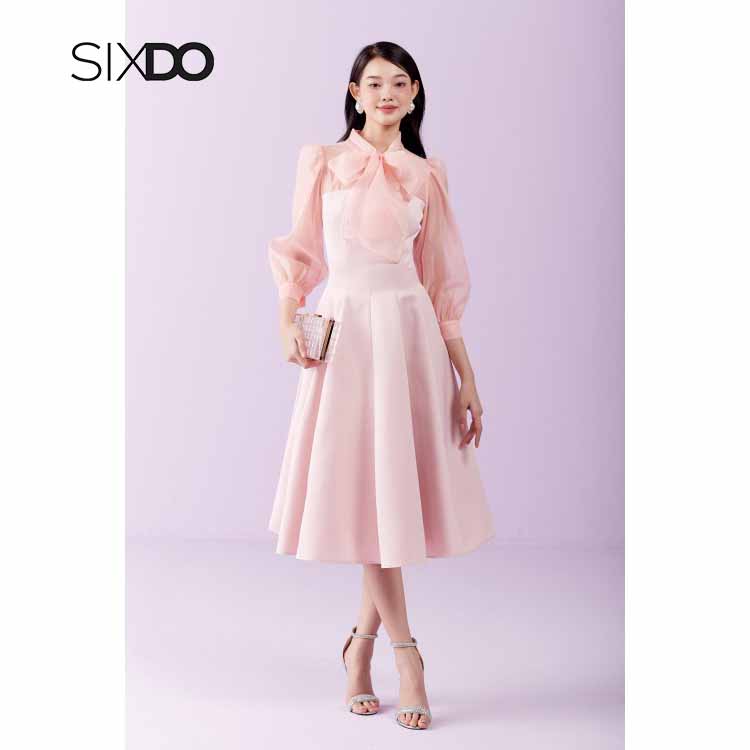 Đầm xòe nữ taffta phối tay voan cổ nơ thời trang SIXDO