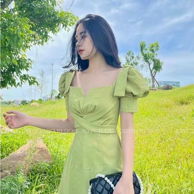 Đầm váy nữ dự tiệc dạo phố cổ vuông tay bồng đen xanh bơ đơn giản năng động
