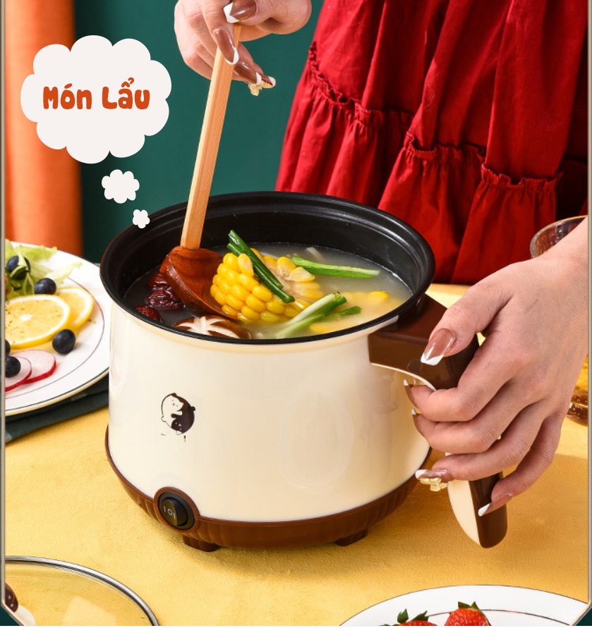 Nồi lẩu điện mini đa năng 2 tầng chống dính kèm giá hấp Inox với 2 nấc nhiệt tiện lợi 18CM, nồi nấu đa năng cho sinh viên, hoc sinh