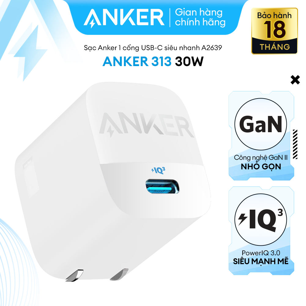 Sạc ANKER 313 GEN 2 30W 1 cổng USB-C PiQ 3.0 tương thích PD - A2639 - Hỗ trợ sạc nhanh tối đa 27W cho iPhone 14 Series