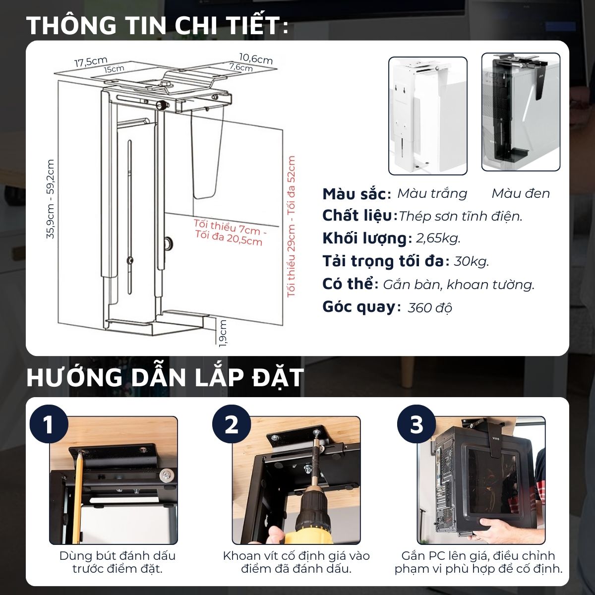 Giá treo PC, giá đỡ CPU gắn bàn DandiHome có thể điều chỉnh độ rộng-cao, bảo hành 1 năm