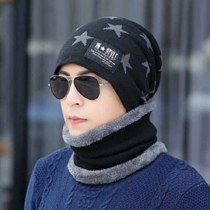 Nón len - Mũ len kèm khăn nam nữ hình sao - Đỏ