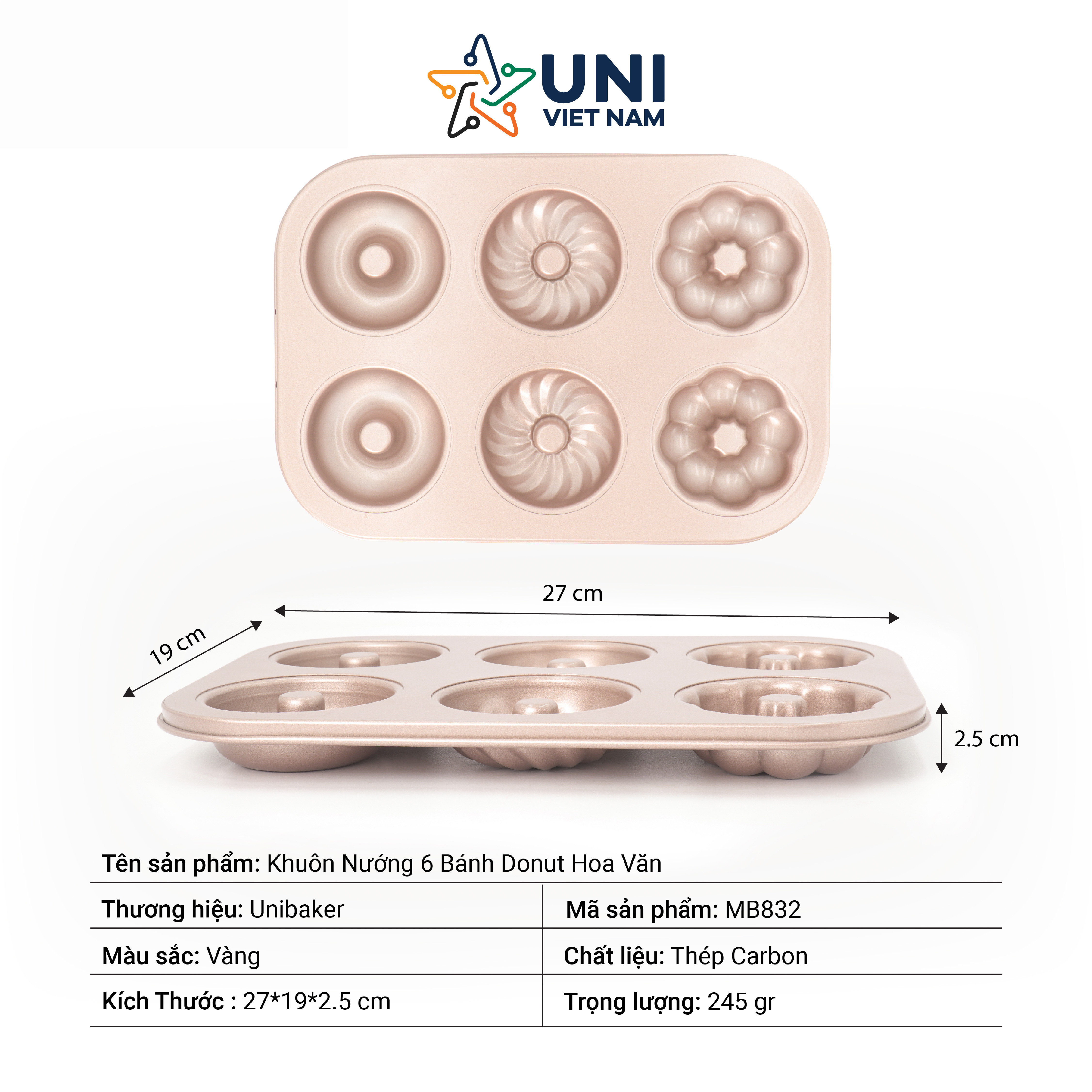 KHUÔN NƯỚNG 6 BÁNH DONUT HOA VĂN UNIBAKER MB832