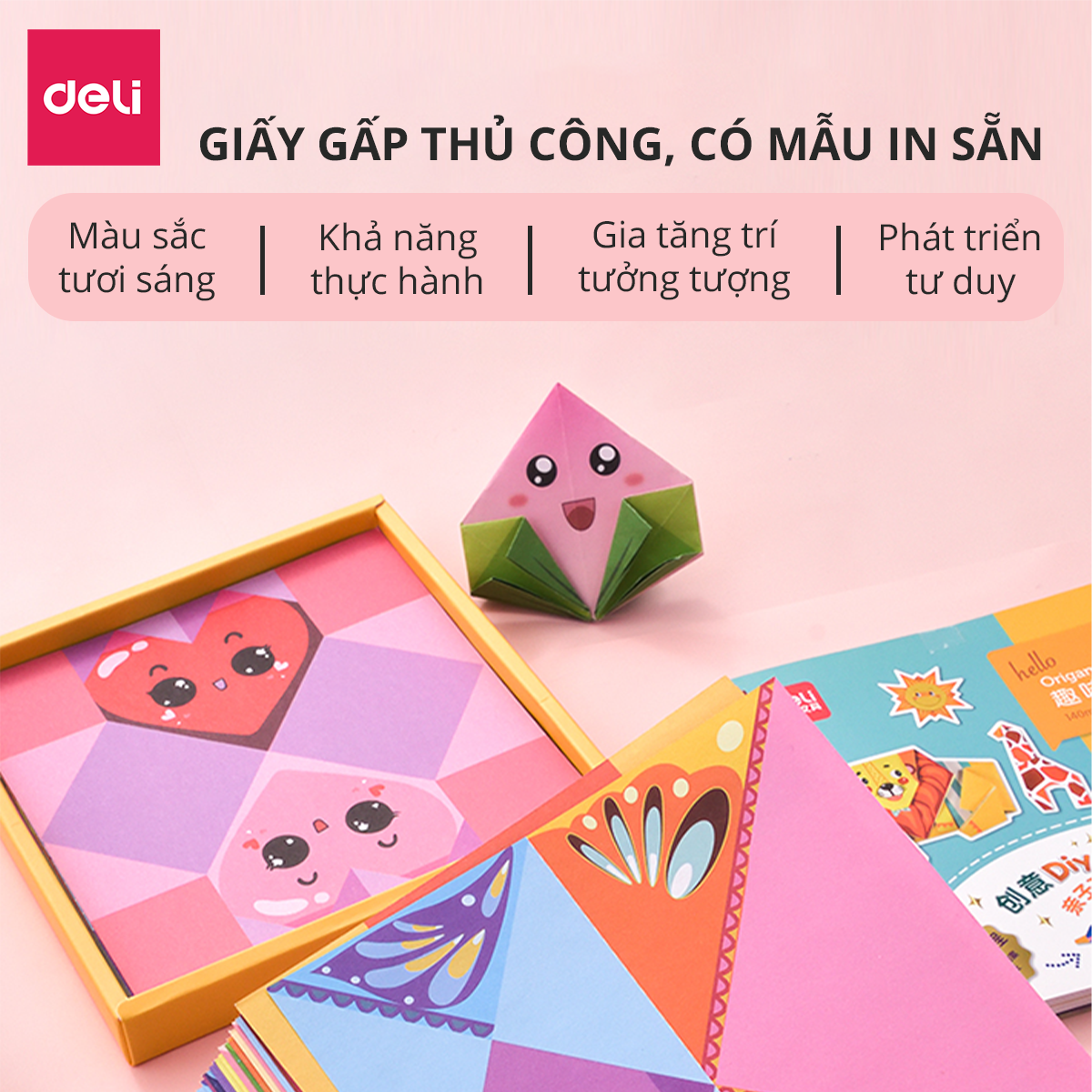 Combo 100 tờ giấy origami thủ công Deli hoạ tiết in sẵn - Kèm hướng dẫn sử dụng - Gấp hạc, hoa, động vật, ô tô, nhà cửa - Giúp các bé thỏa sức sáng tạo - 74817 / 74818